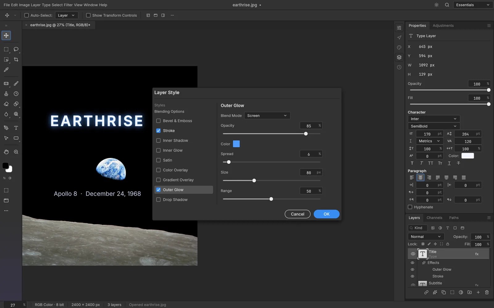 PhotoCraft 的图层样式对话框，为文字“Earthrise”叠加外发光与描边效果
