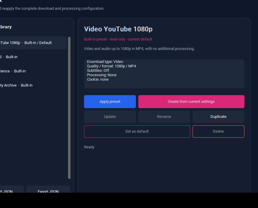 YT DLP Studio 预设详情：配置摘要与预设操作按钮