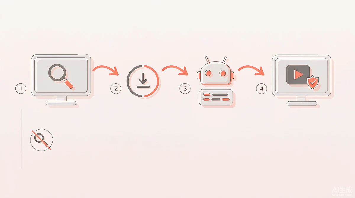 Android TV 应用内更新流程示意：浏览时自动检查、下载新版、系统确认安装、覆盖安装保留本机记录四步，播放时暂停检查