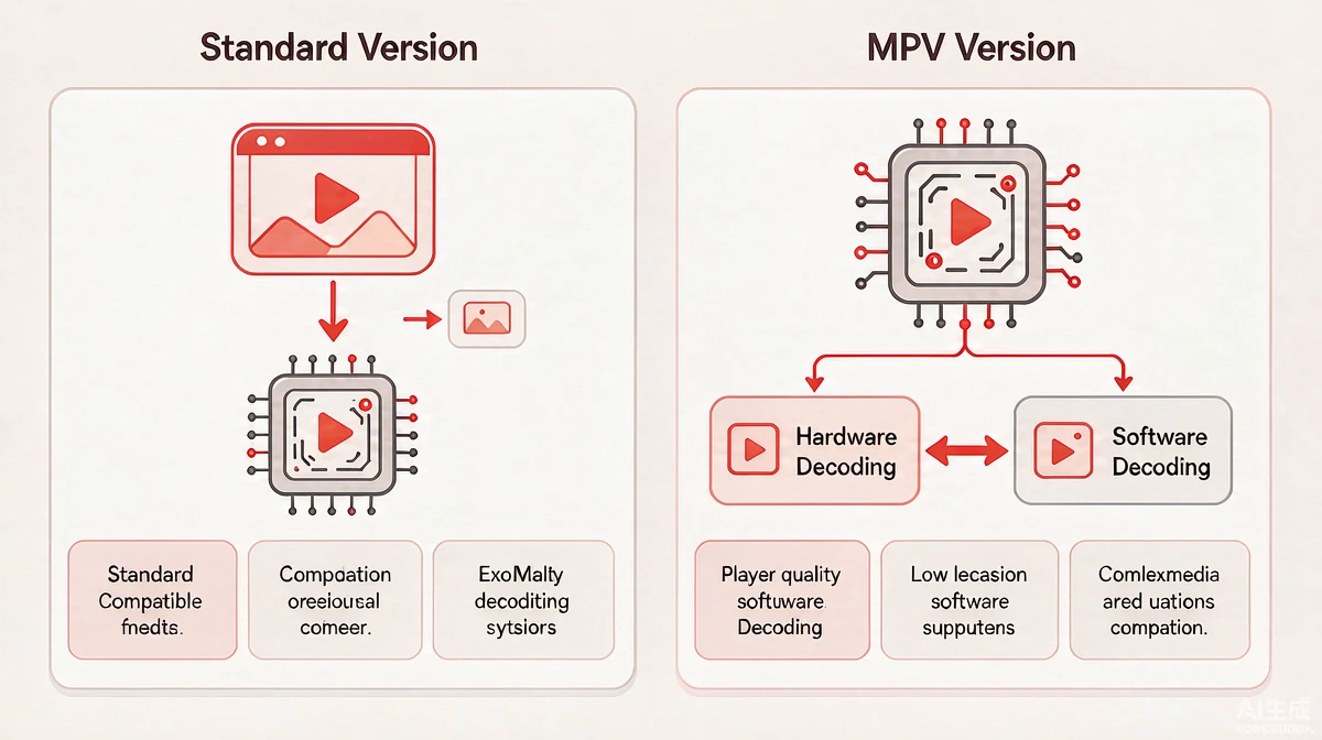 红果短剧标准版与MPV版播放内核对比示意：左侧标准版WebView播放失败时回退Media3，右侧MPV版可在硬件解码与软件解码间切换