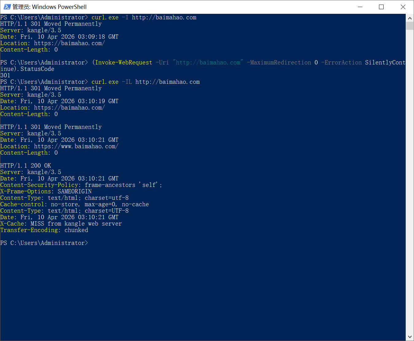 Windows命令行检测网站301重定向的完整指南