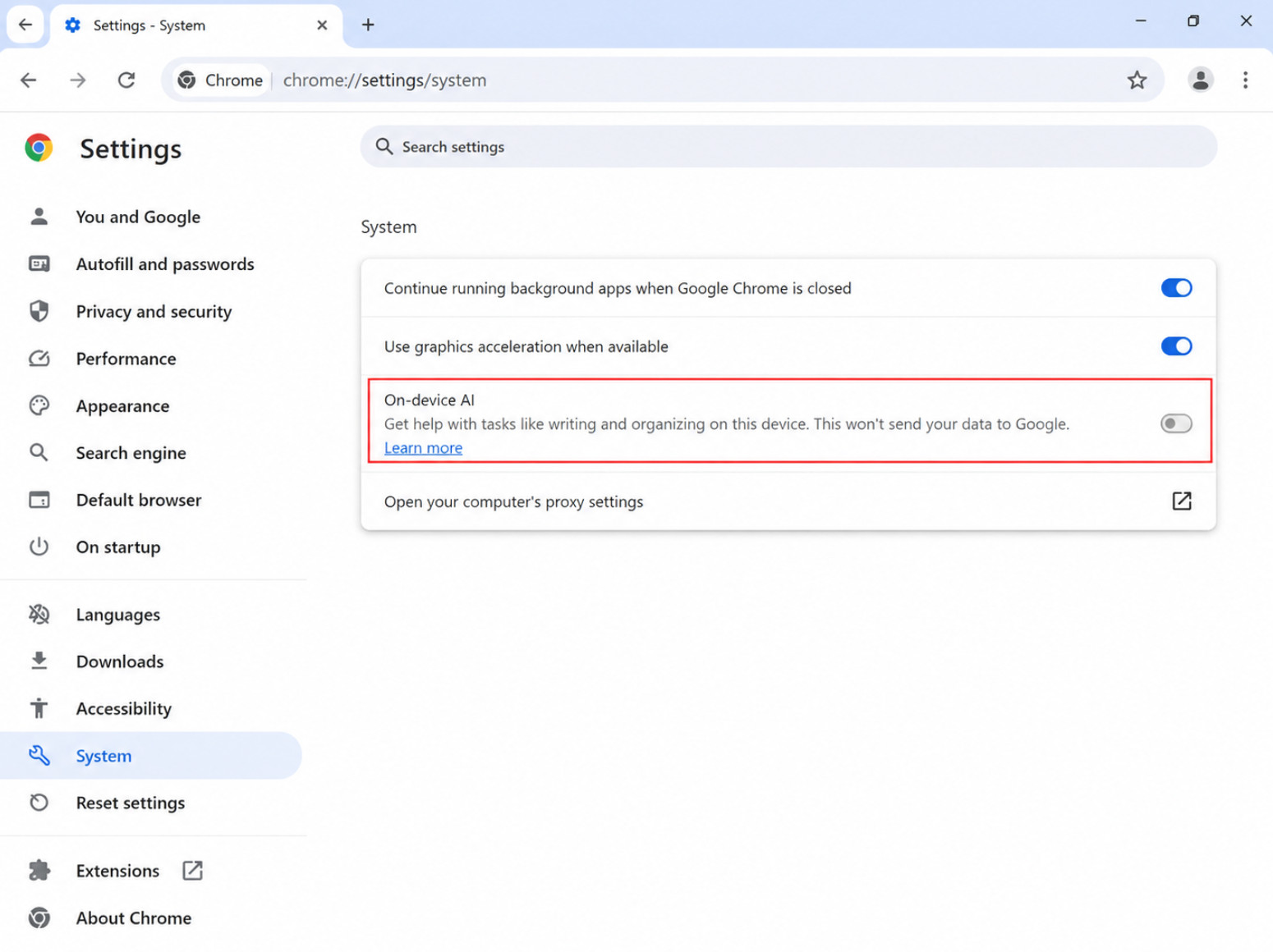 Chrome 设置中关闭 On-device AI 截图