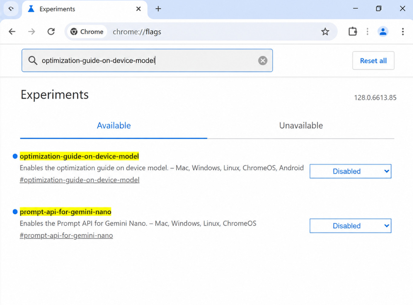 Chrome Flags 禁用本地 AI 模型截图
